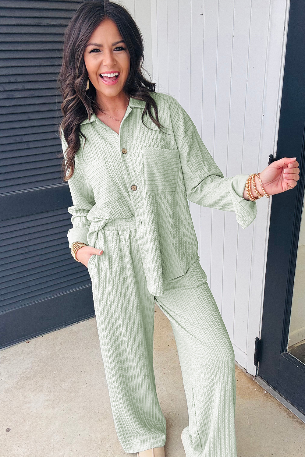 Clearly Aqua Textured Patched Chest Pocket Shirt and Pants Set - loveforevers