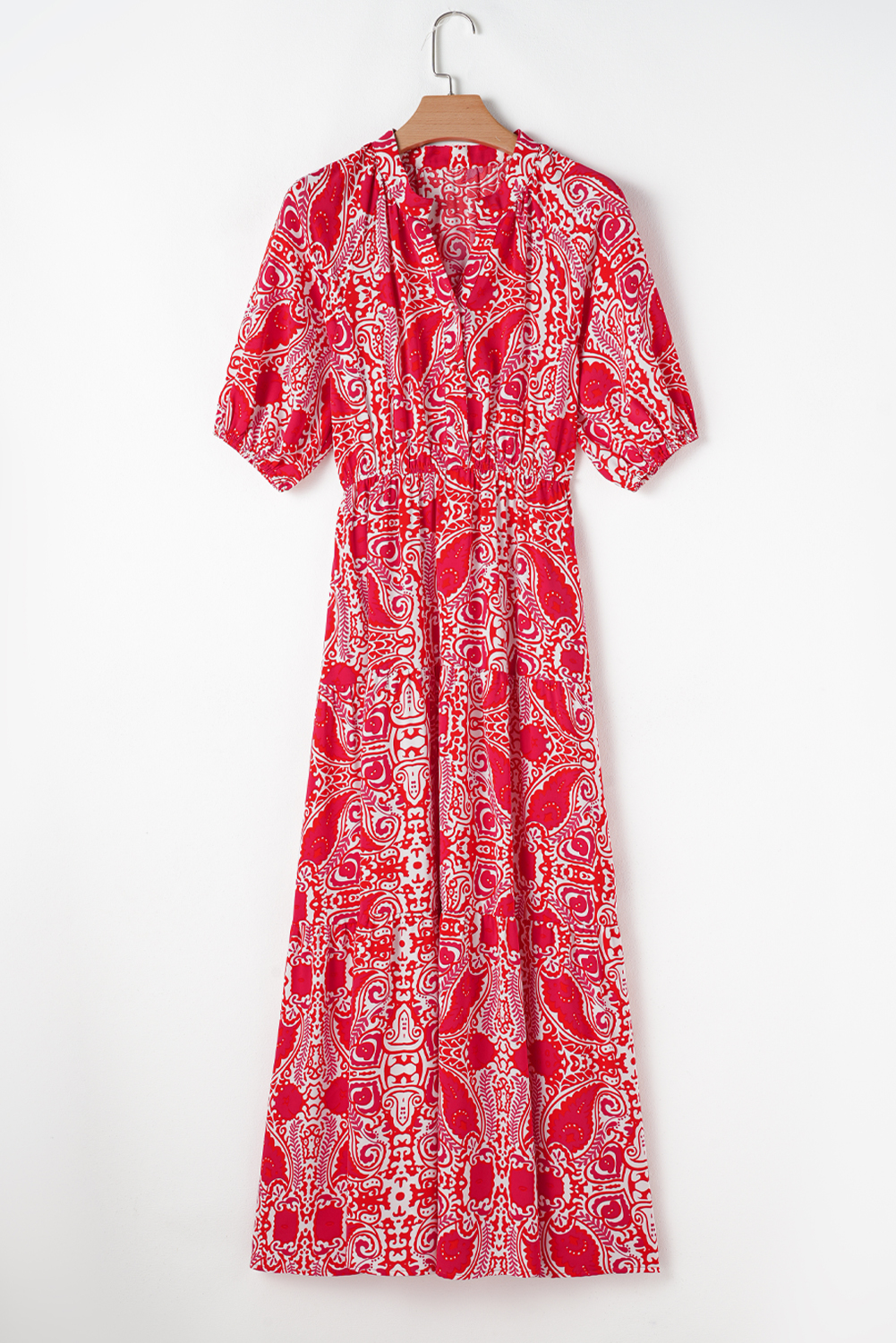 Red Paisley Print Side Slit Puff Sleeve High Waist Maxi Dress - loveforevers