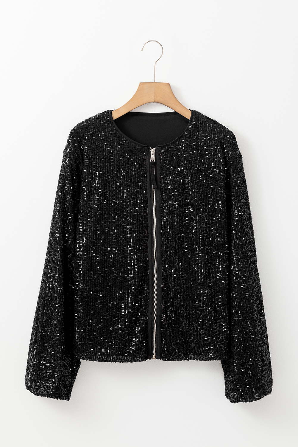 Black Sequin Zip up Round Neck Long Sleeve Jacket - loveforevers