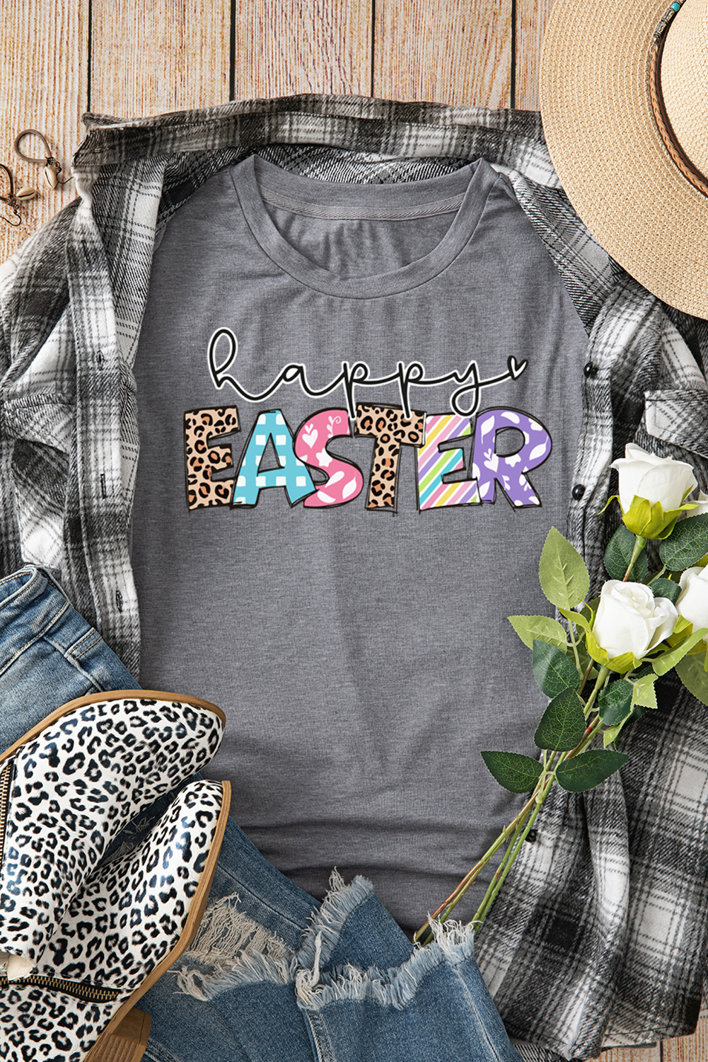 Gray Happy EASTER Lettering Graphic Crewneck Tee - loveforevers