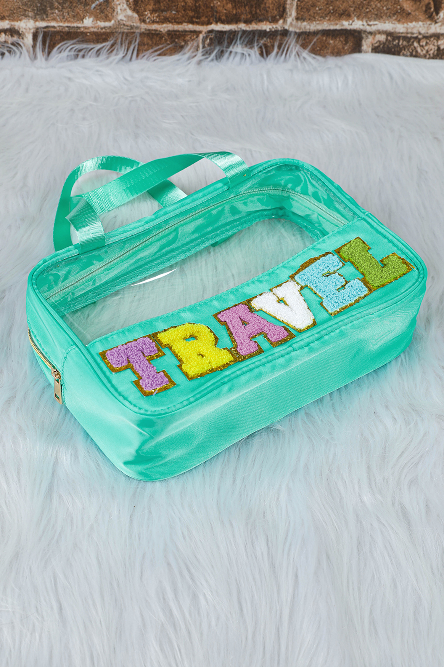 Light Pink TRAVEL Chenille Letter Clear PVC Makeup Bag - loveforevers