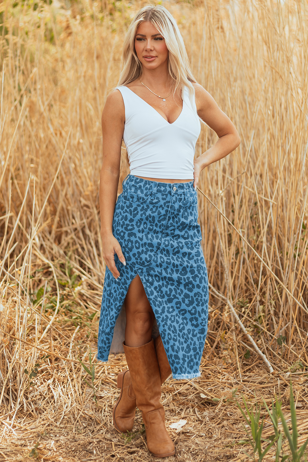 Brown Leopard Denim Frayed Split Denim Midi Skirt - loveforevers