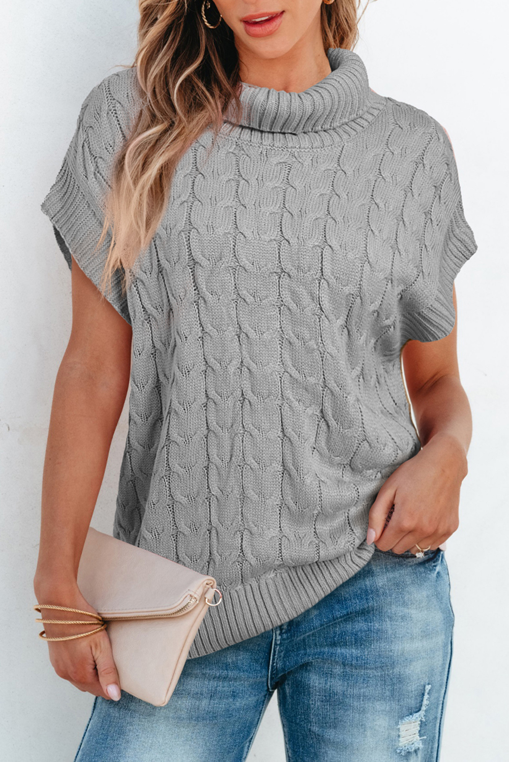 Medium Grey Cable Knit Turtleneck Batwing Sleeve Sweater - loveforevers