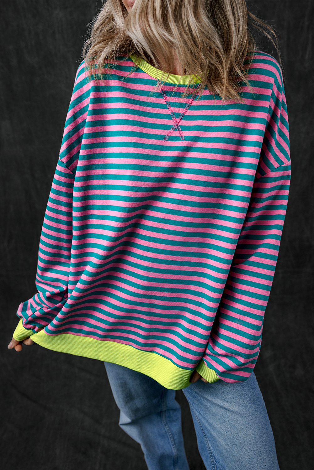 Green Stripe Oversized Contrast Trim Pullover Sweatshirt - loveforevers