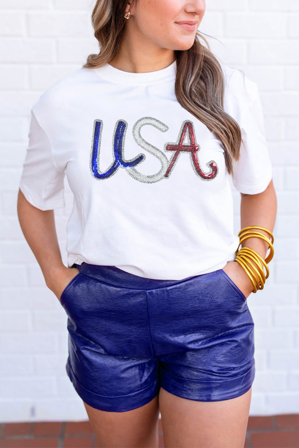 White Sequin USA Graphic Crew Neck Patriotic Tee - loveforevers
