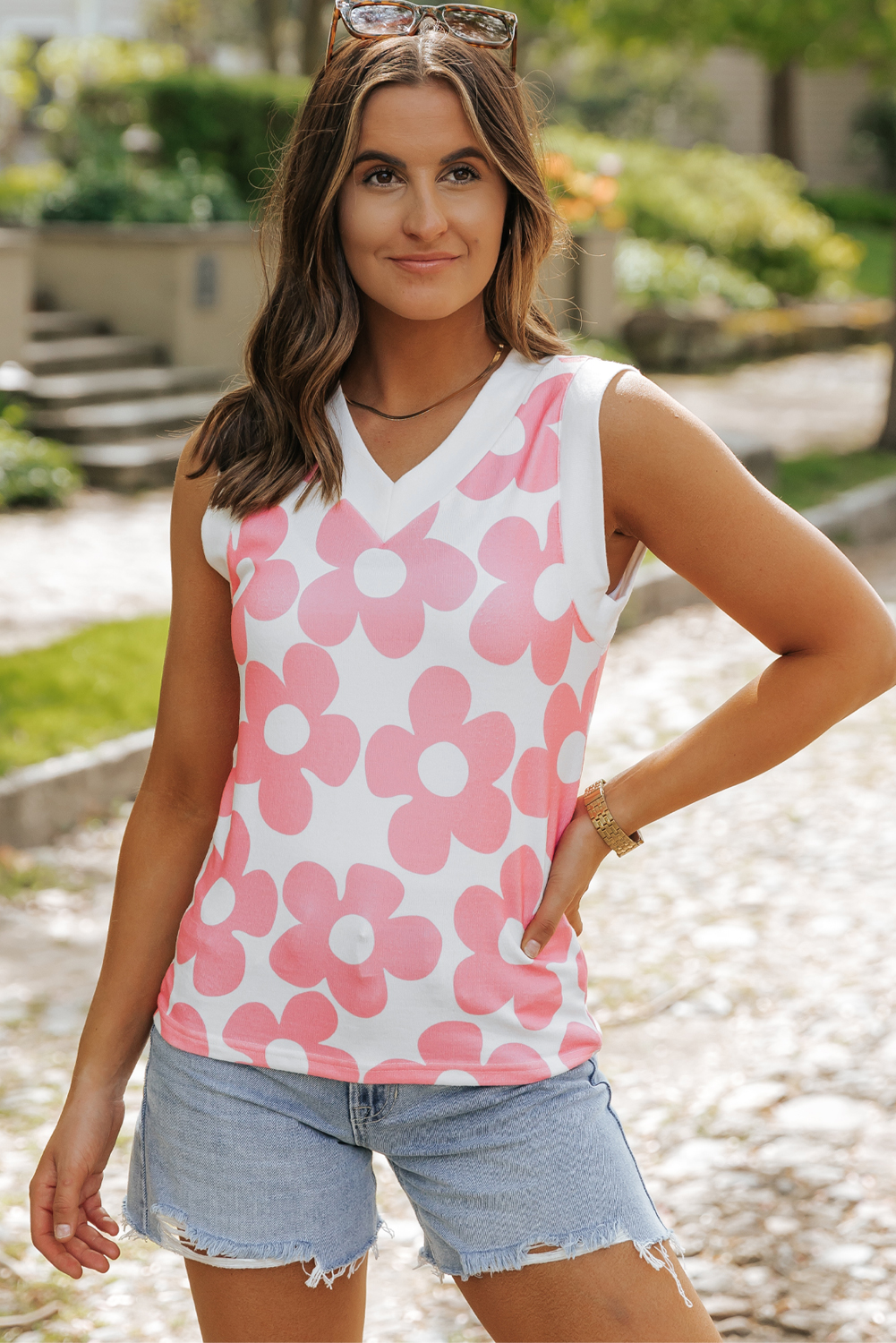 Pink Cute Flower Knitted V Neck Tank Top - loveforevers