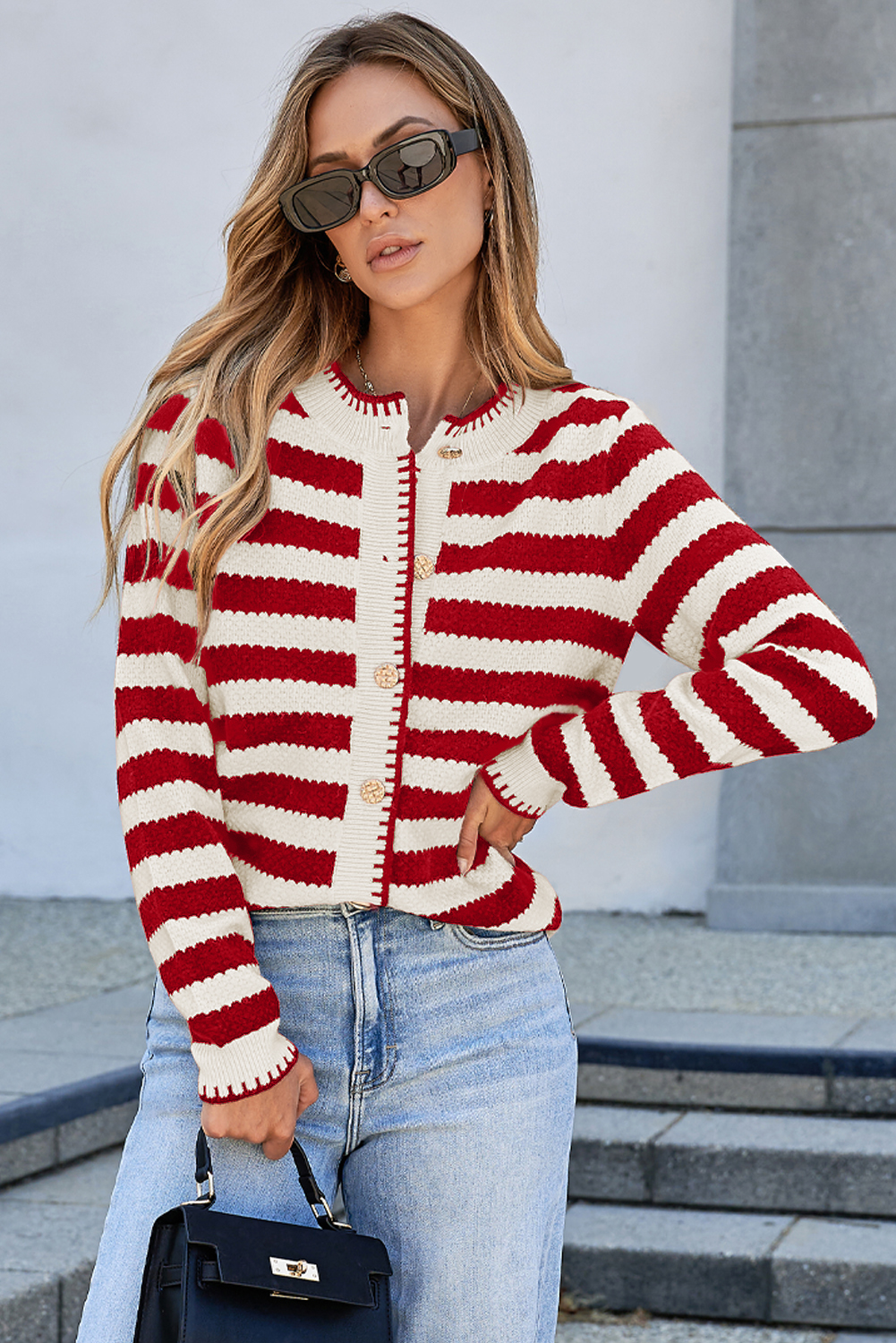Red Stripe Chic Golden Button Cardigan Sweater - loveforevers