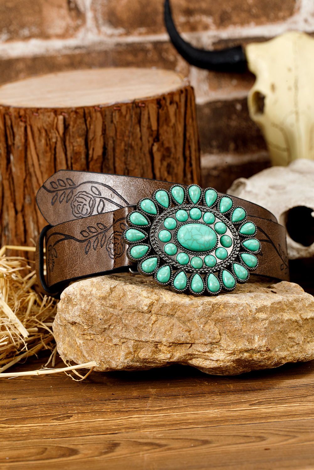 Chestnut Turquoise Gem Stone Western Fashion Faux Leather Belt - loveforevers
