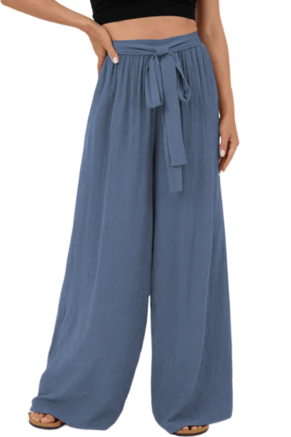 Rose Tan High Waisted Tie Front Side Pocket Wide Leg Flowy Casual Pants - loveforevers
