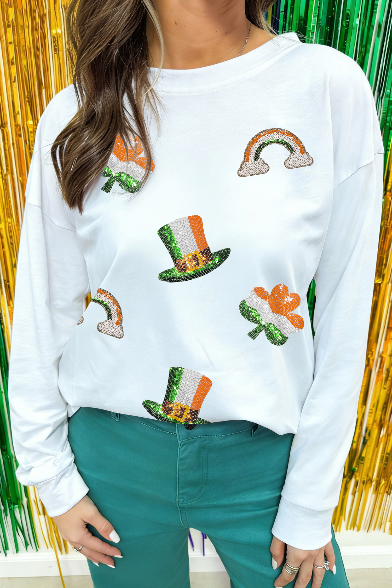 White LUCKY Clover Embroidered Long Sleeve Top - loveforevers