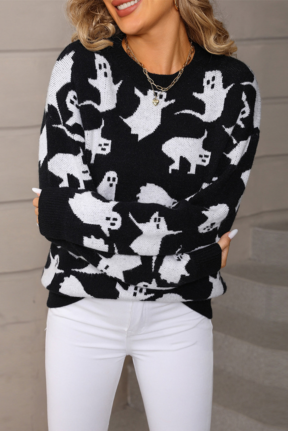 Black Halloween Ghost Allover Drop Shoulder Holiday Sweater - loveforevers