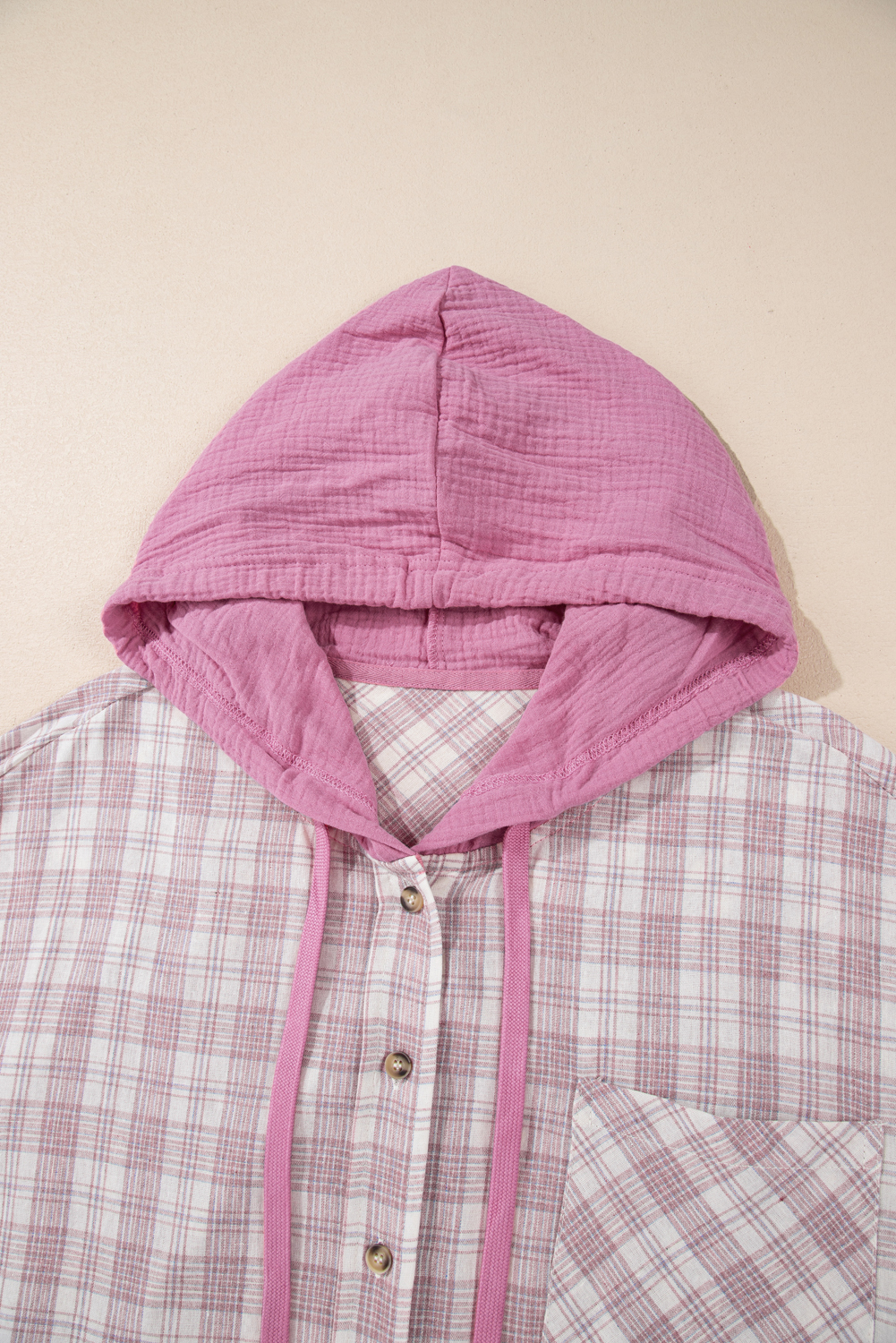 Khaki Checkered Print Loose Fit Buttoned Hooded Shacket - loveforevers