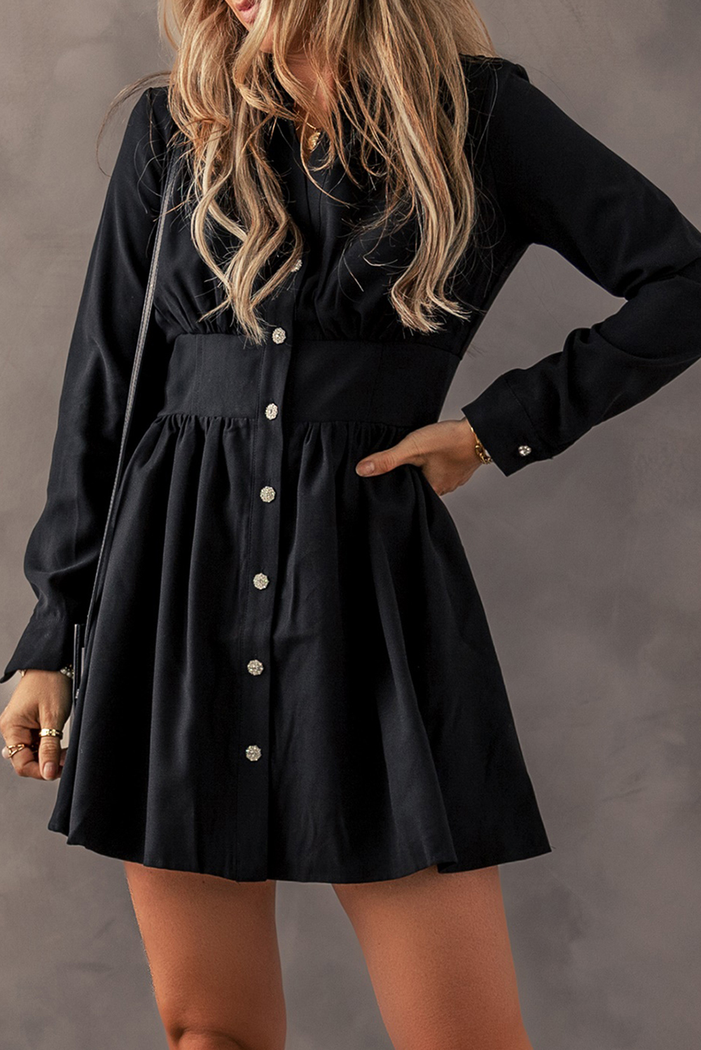 Black Elastic Cinched High Waist Long Sleeve Shirt Mini Dress - loveforevers