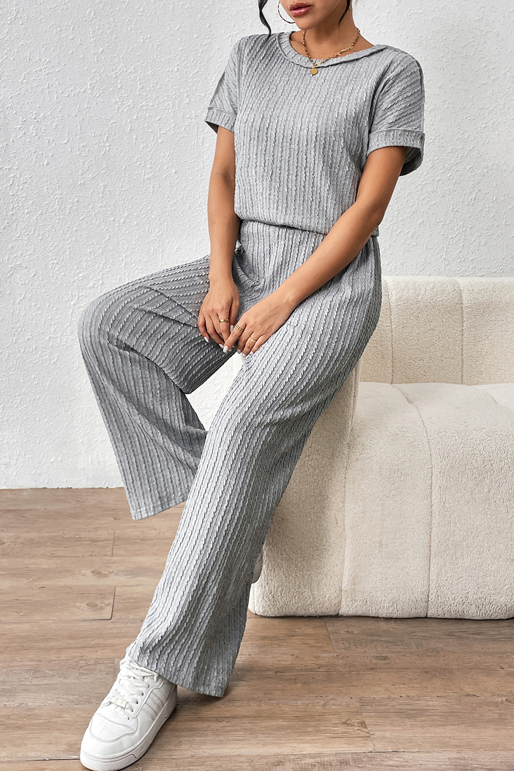Gray Striped Texture Loose Tee and Pants Set - loveforevers