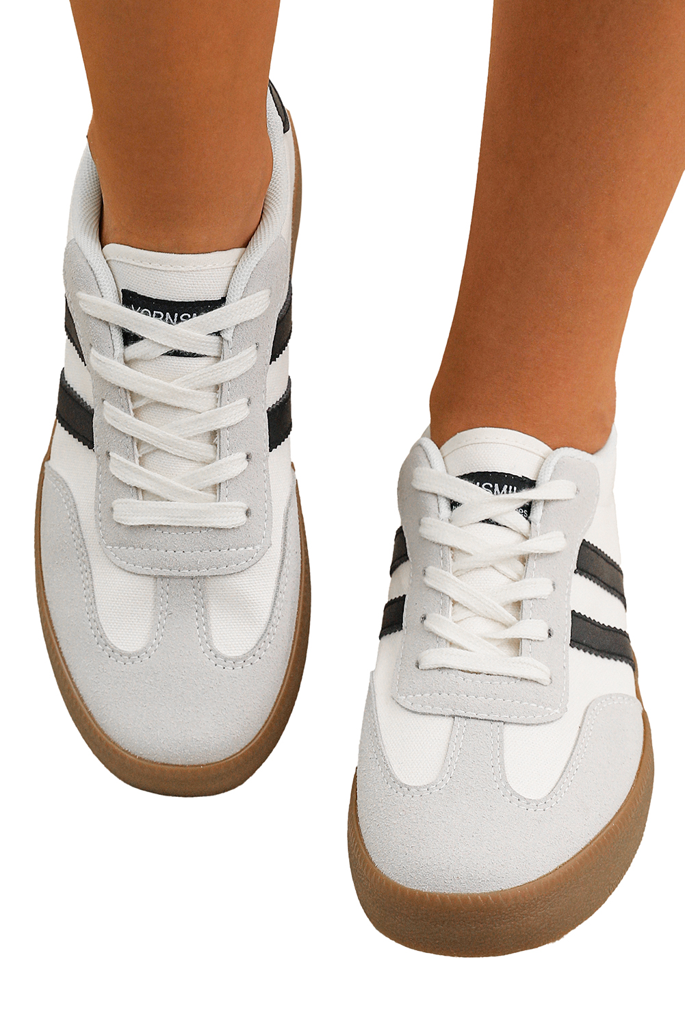 White Striped Lace-up Flat Sneakers - loveforevers
