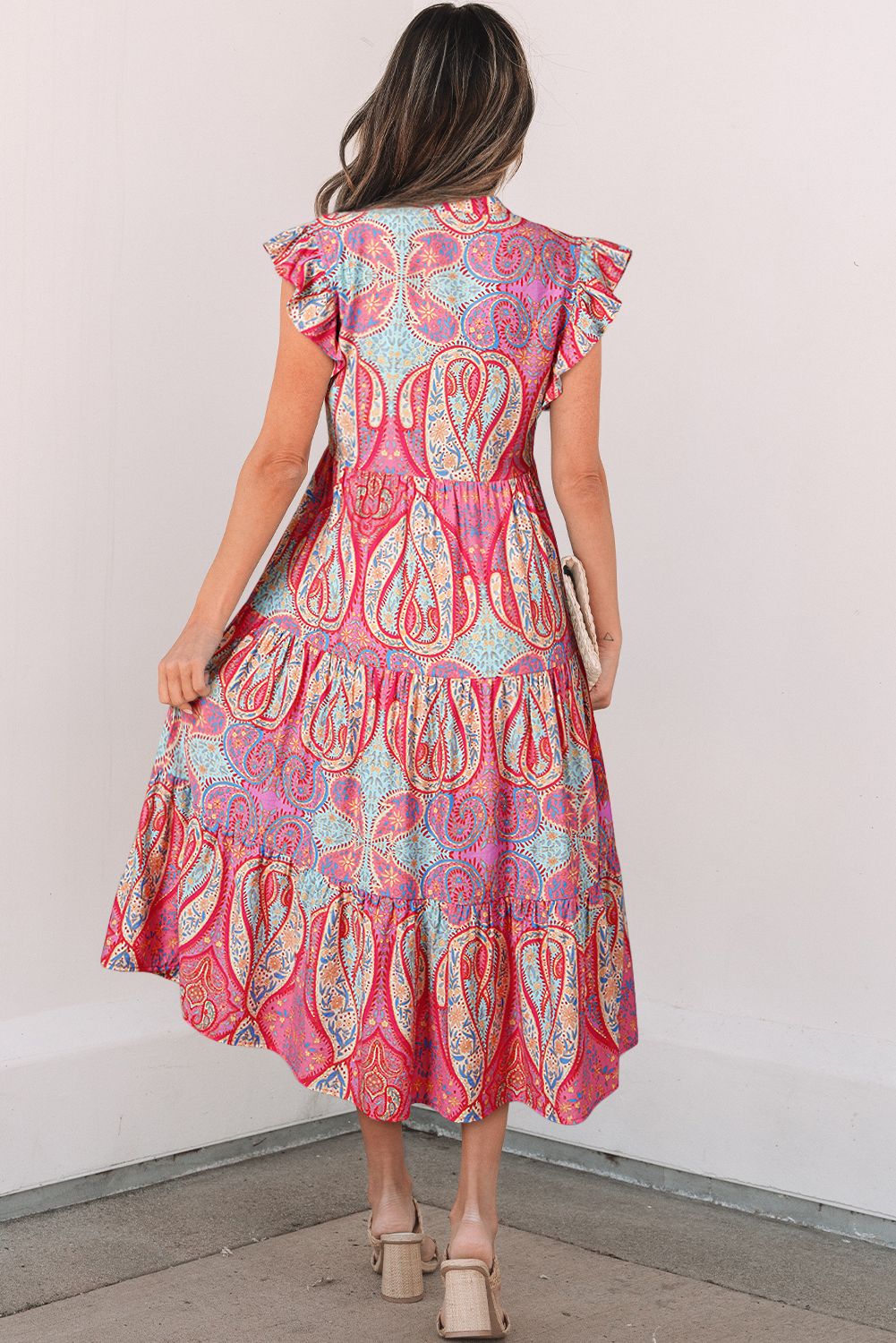 Rose Tribal Paisley Print Ruffled Sleeve Notch Neck Midi Dress - loveforevers