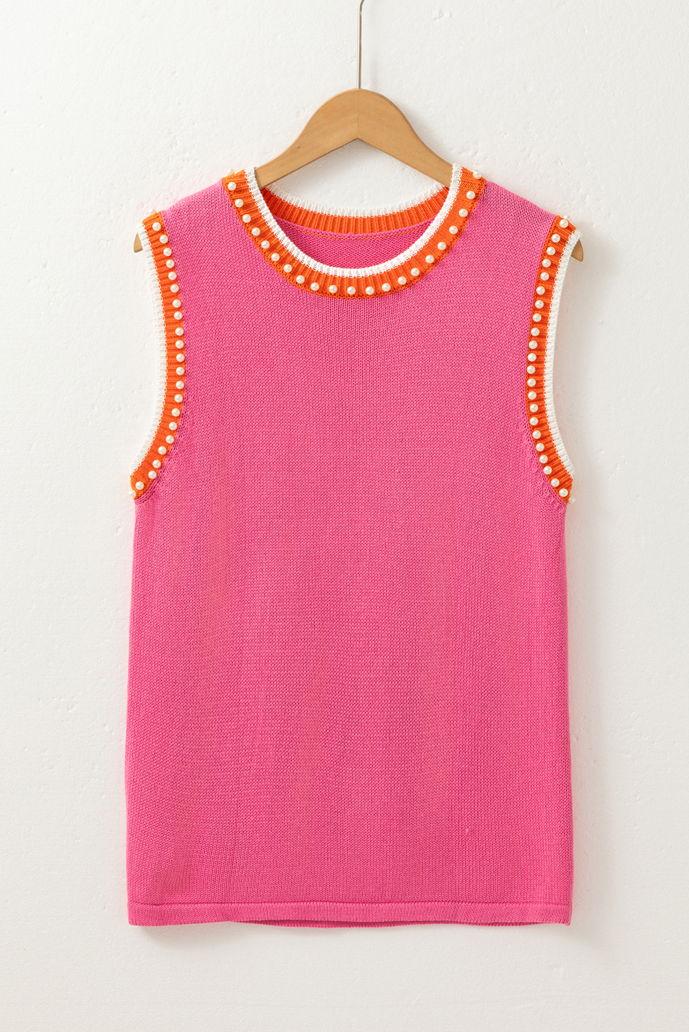 Bright Pink Contrast Trim Pearl Detail Sweater Tank Top - loveforevers