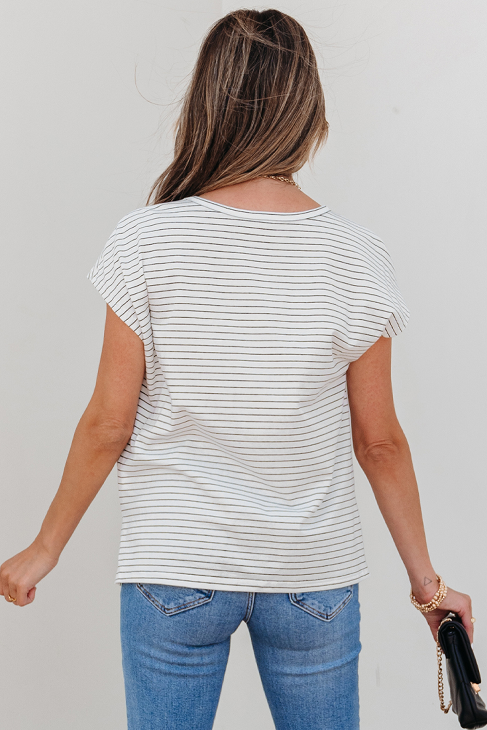 White Stripe Cap Sleeve Crew Neck Casual Tee with Chest Pocket - loveforevers