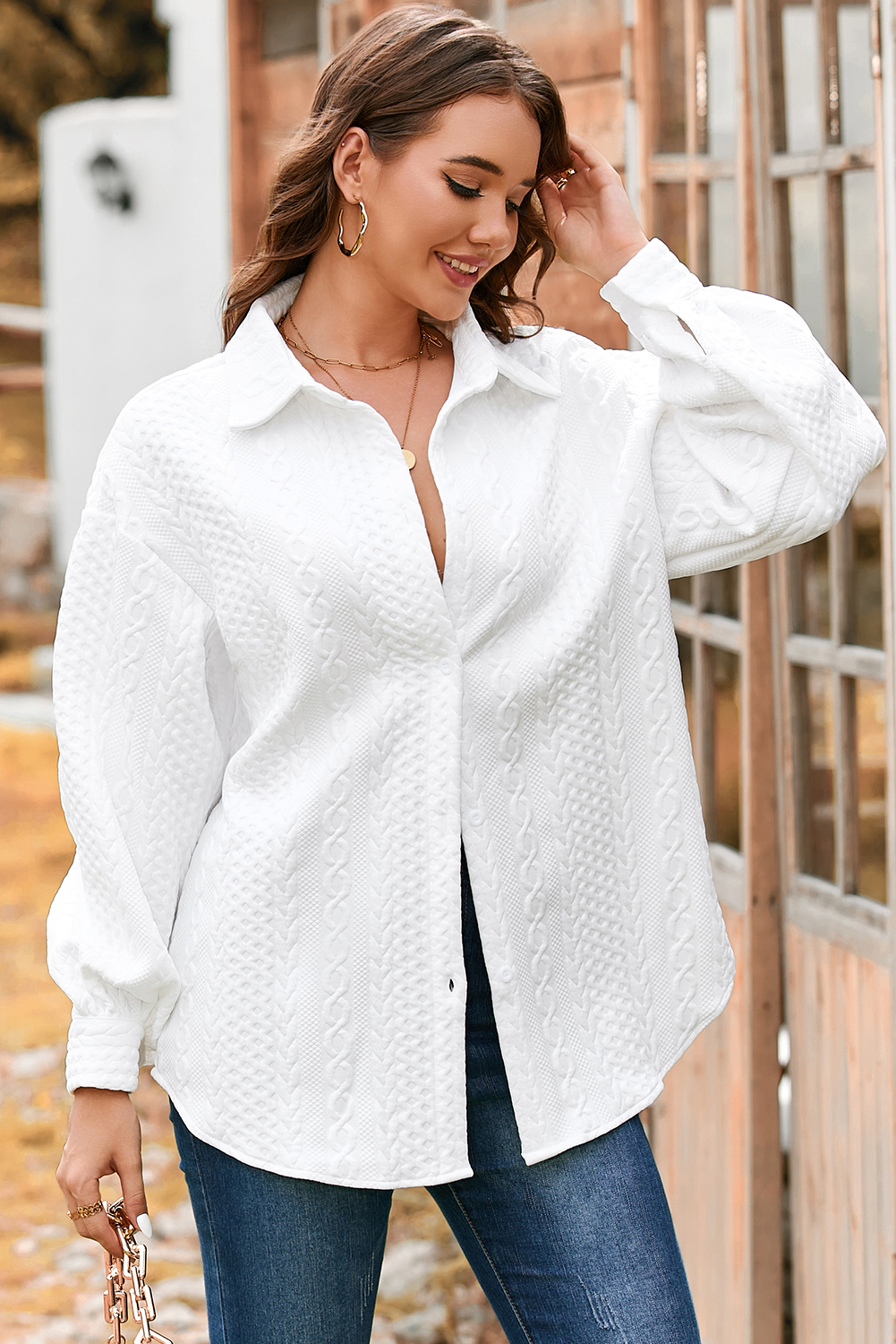 Sepia Rose Cable Texture Puff Sleeve Loose Shacket - loveforevers
