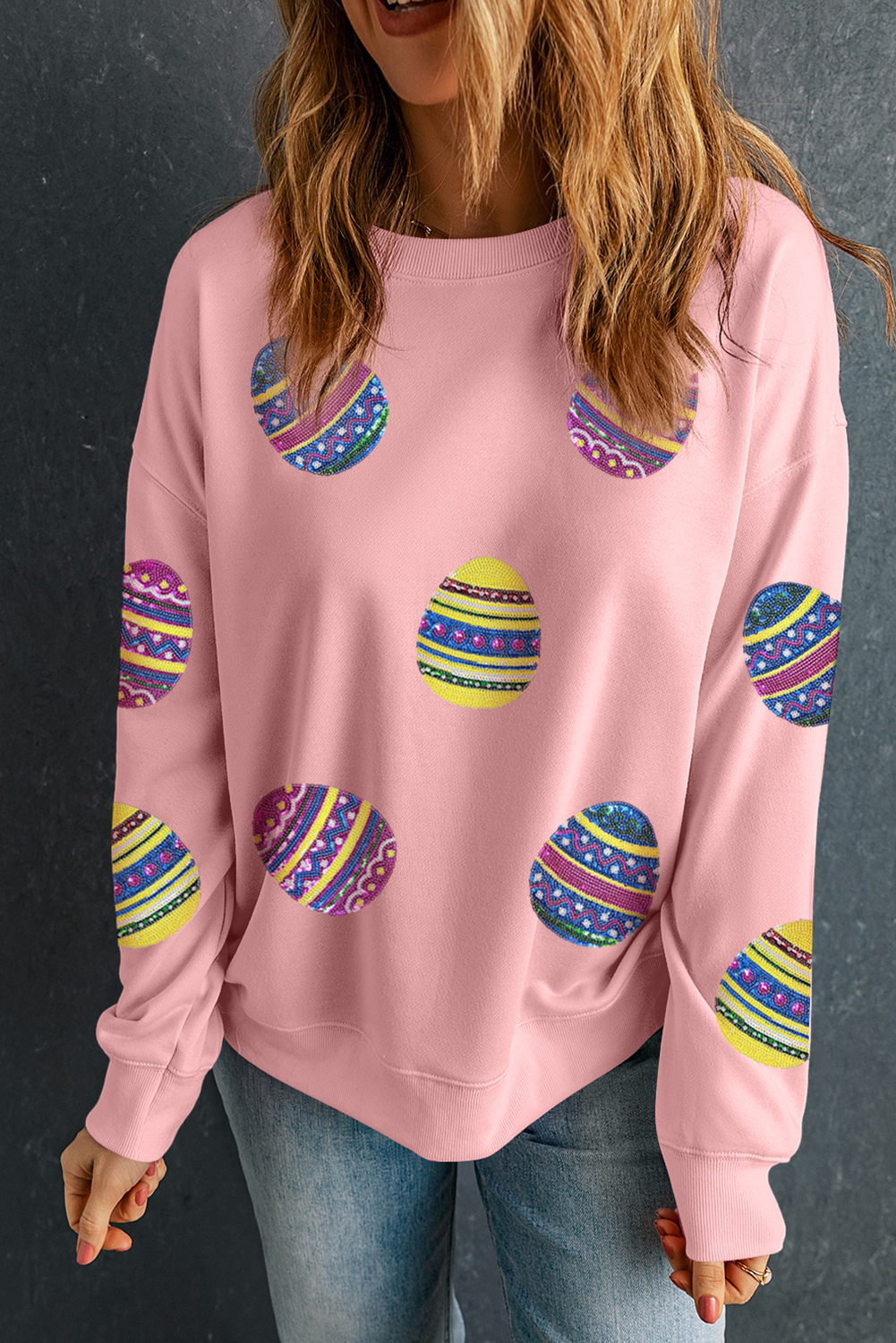 Pink Sequined Bunny Egg Easter Day Pullover Sweatshirt - loveforevers