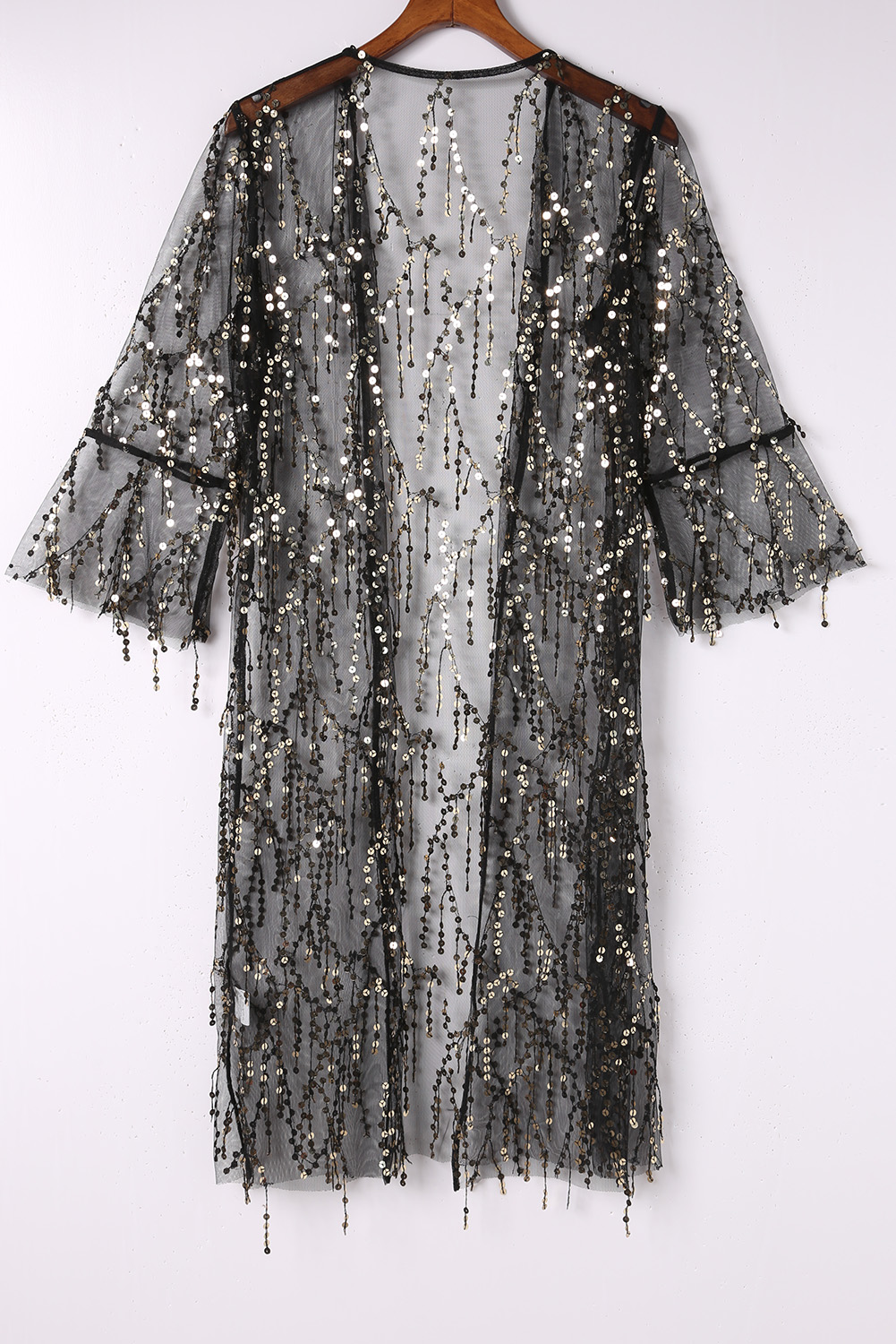 Black Sequin Sheer Long Sleeve Open Front Kimono - loveforevers