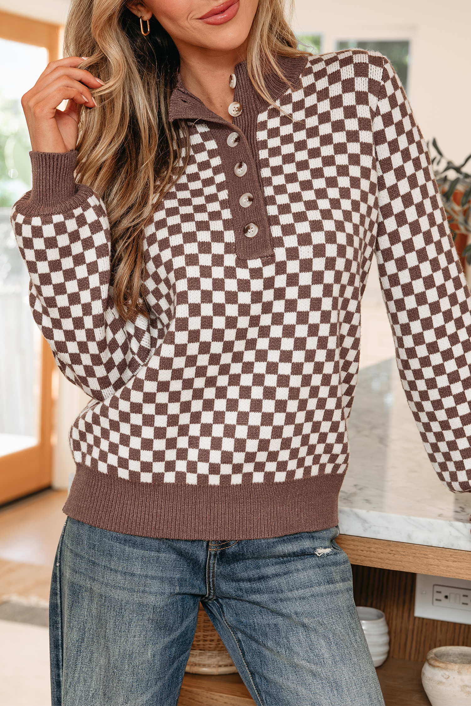 Dark Brown Half Button Ribbed Trim Checkerboard Knit Sweater - loveforevers