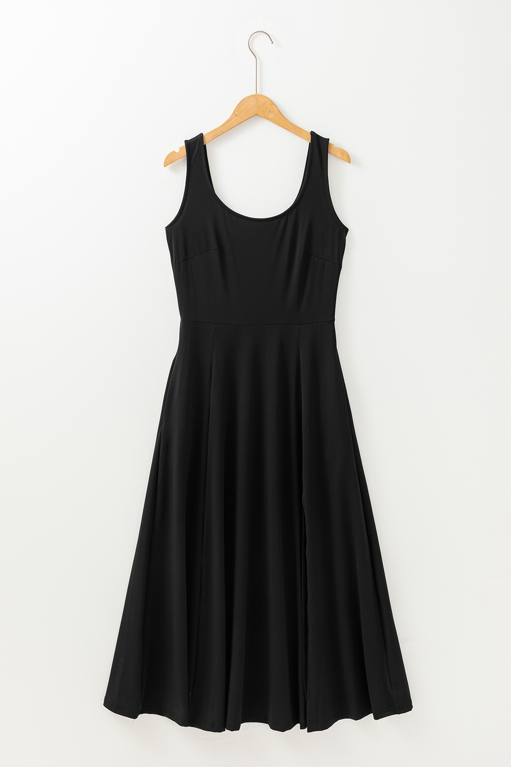 Black Sleeveless Scoop Neck Flared Split Midi Dress - loveforevers