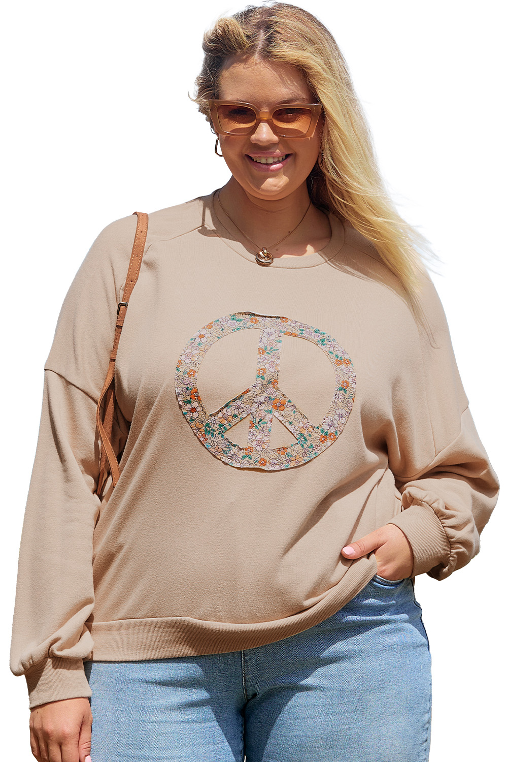 Beige Flower Patch Graphic Exposed Seam Wide Sleeve Top - loveforevers