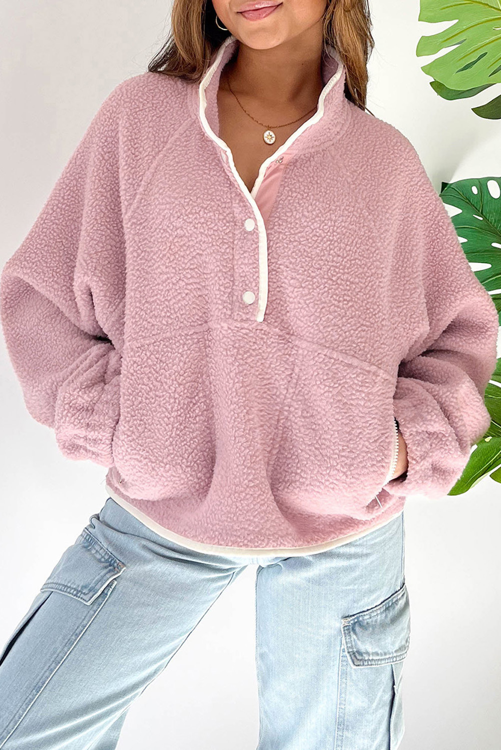 Fushia Stand Neck Half Button Zip Pocket Plush Sweatshirt - loveforevers