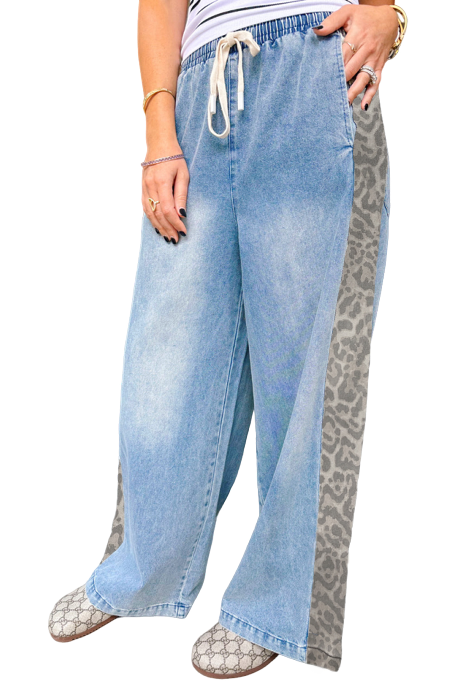 Beau Blue Drawstring Elastic Waist Leopard Striped Side Panel Wide Leg Jeans - loveforevers
