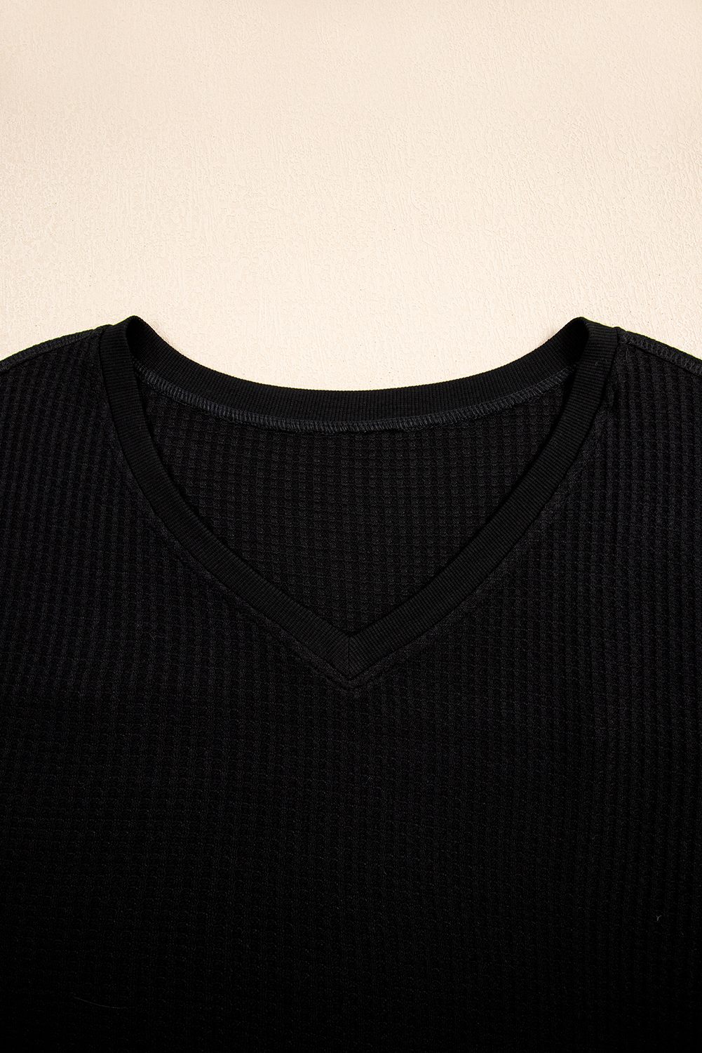 Black Waffle Texture Ribbed V Neck Drop Shoulder Loose Tee - loveforevers