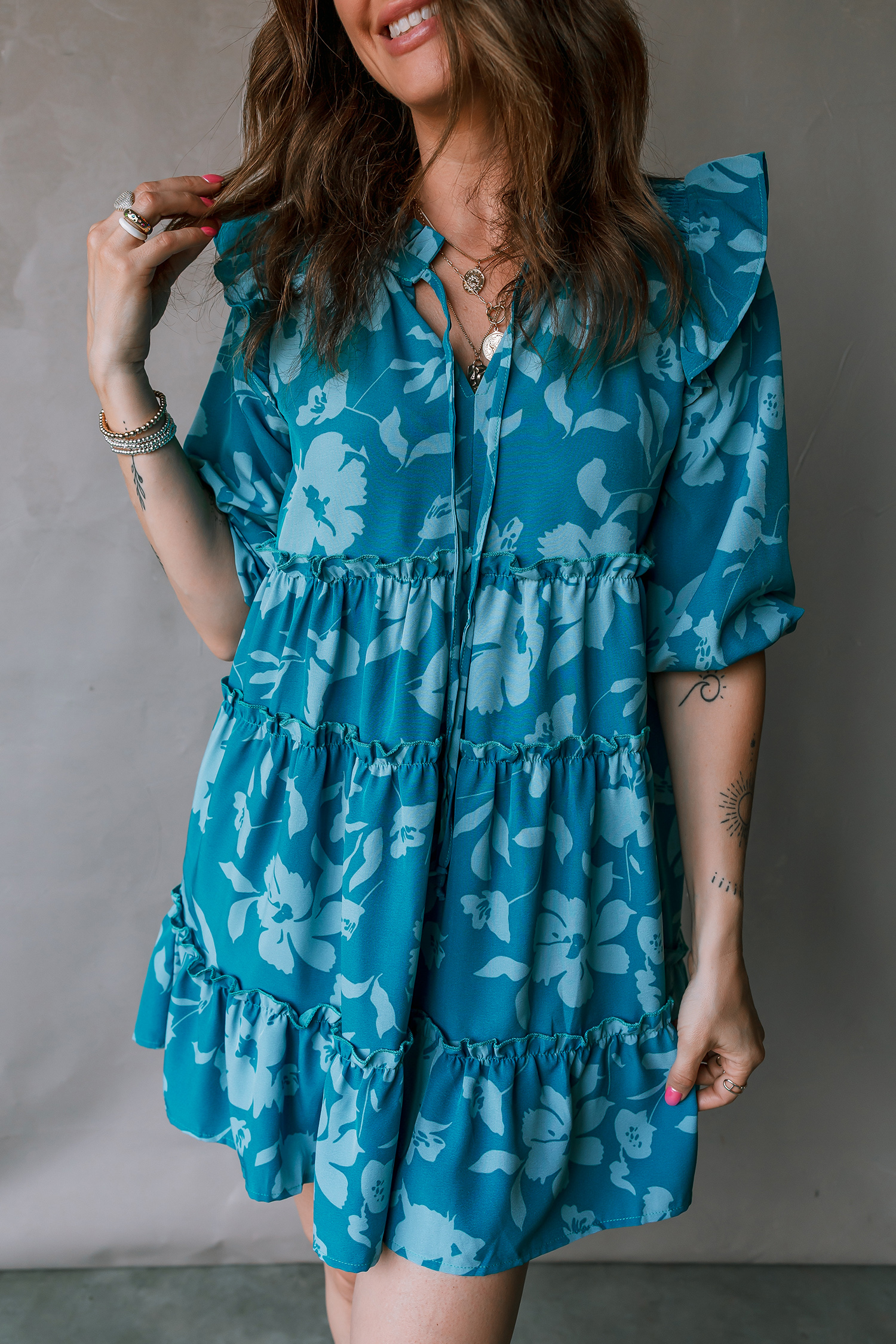Blue Flower Half Sleeve Tiered Ruffled Mini Dress - loveforevers