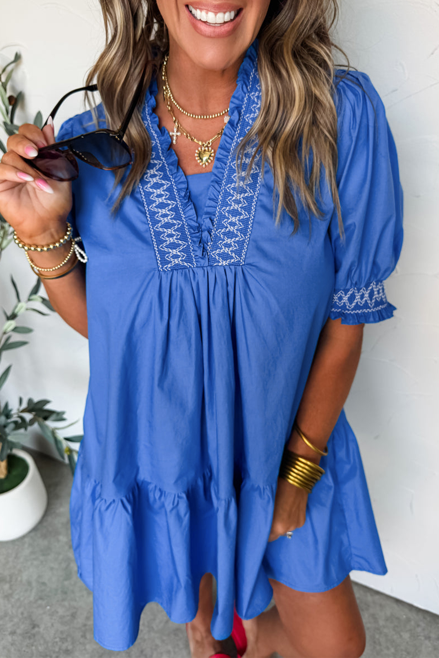 Sky Blue Embroidered Smocked Detail V Neck Short Puff Sleeve Mini Dress - loveforevers