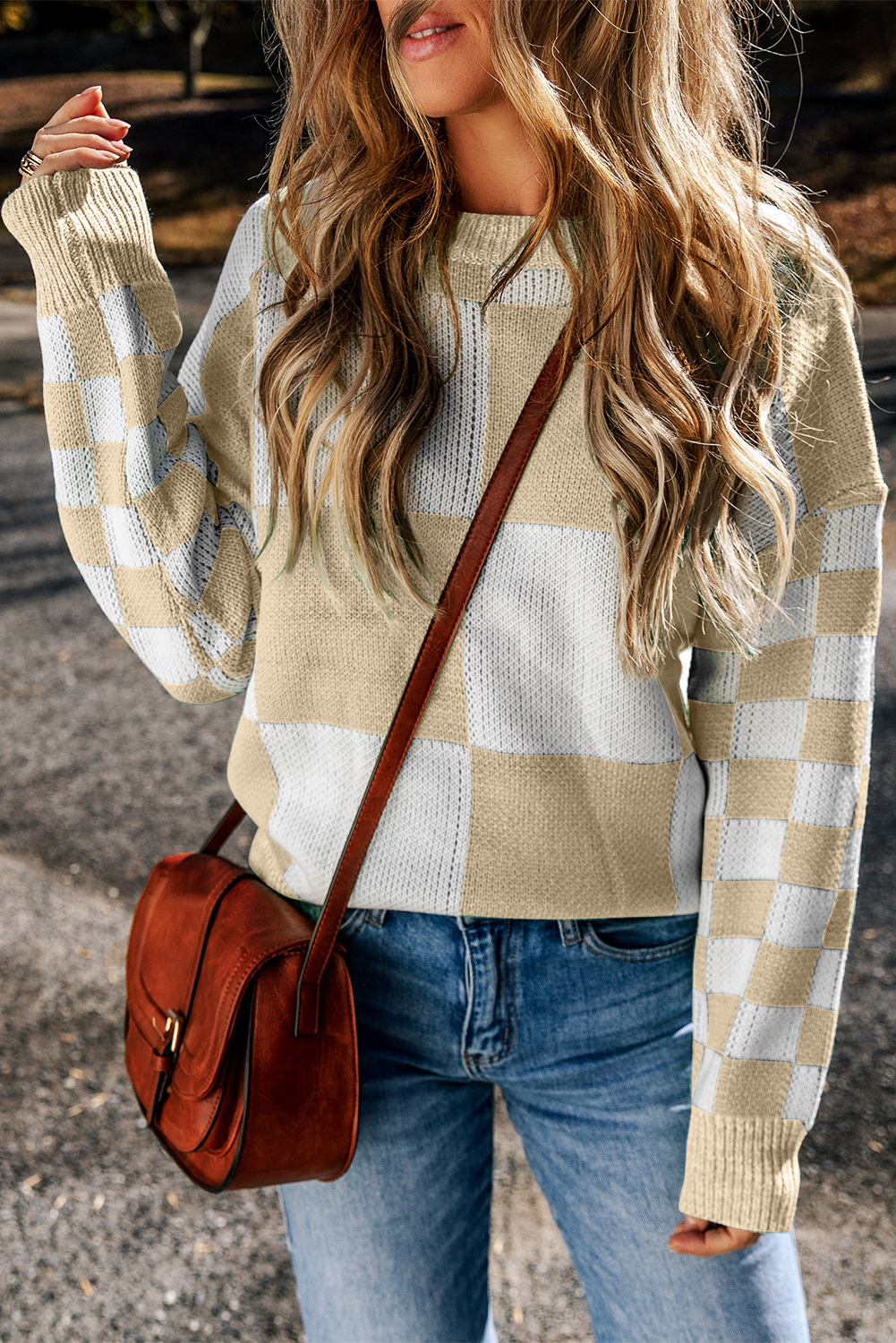 Flaxen Checkered Print Drop Shoulder Sweater - loveforevers