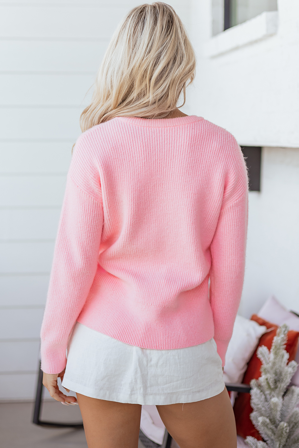 Pink Merry Candy Cane Puffy Knit Crew Neck Sweater - loveforevers