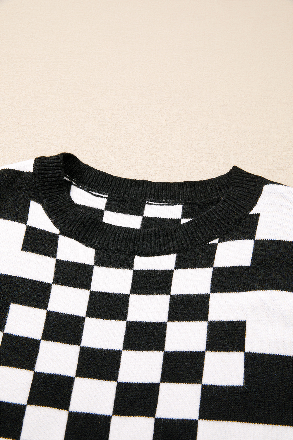 Khaki Checkered Print Drop Shoulder Round Neck Sweater - loveforevers