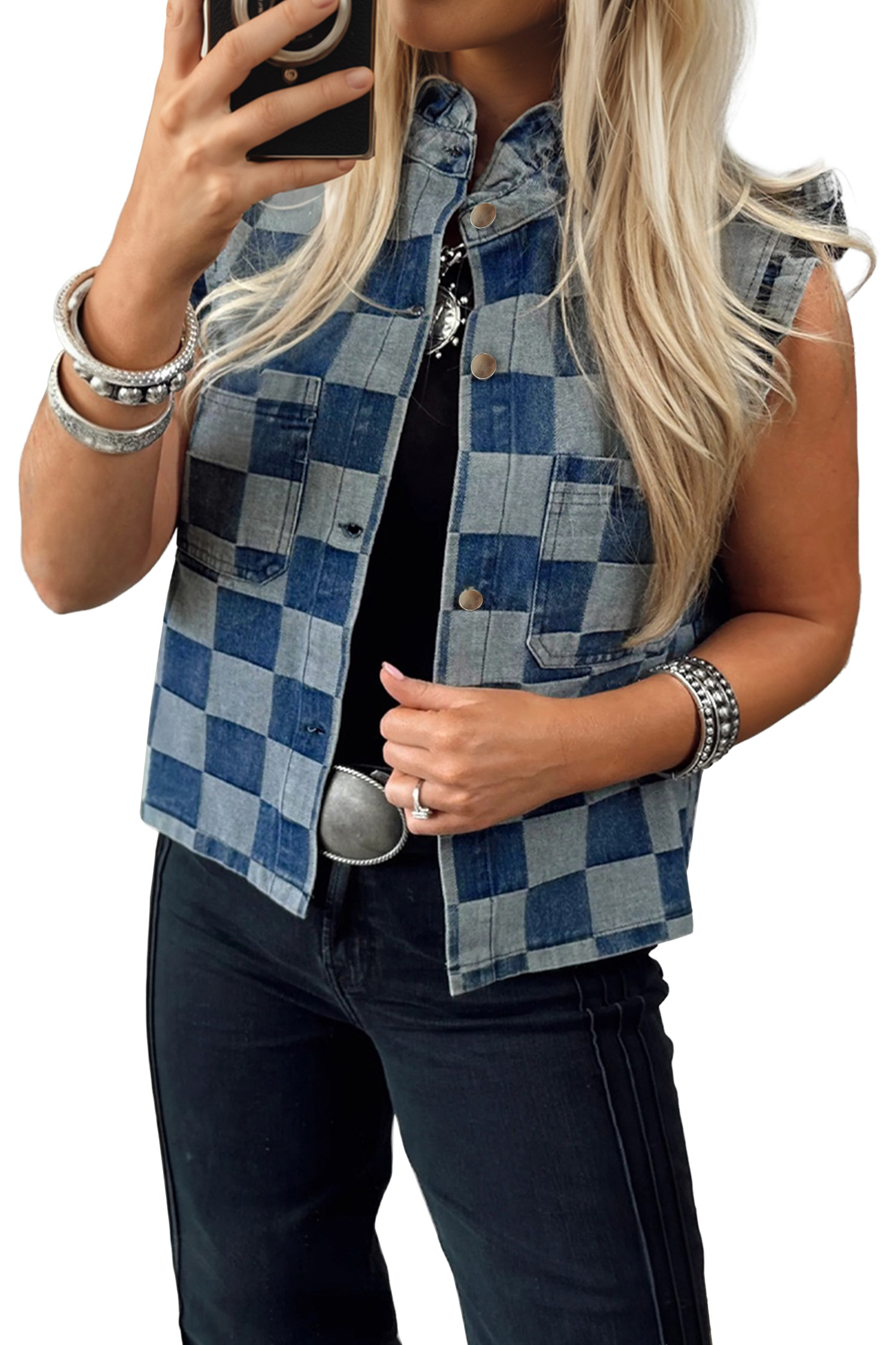 Beau Blue Checkered Ruffle Trim Button Down Denim Vest - loveforevers