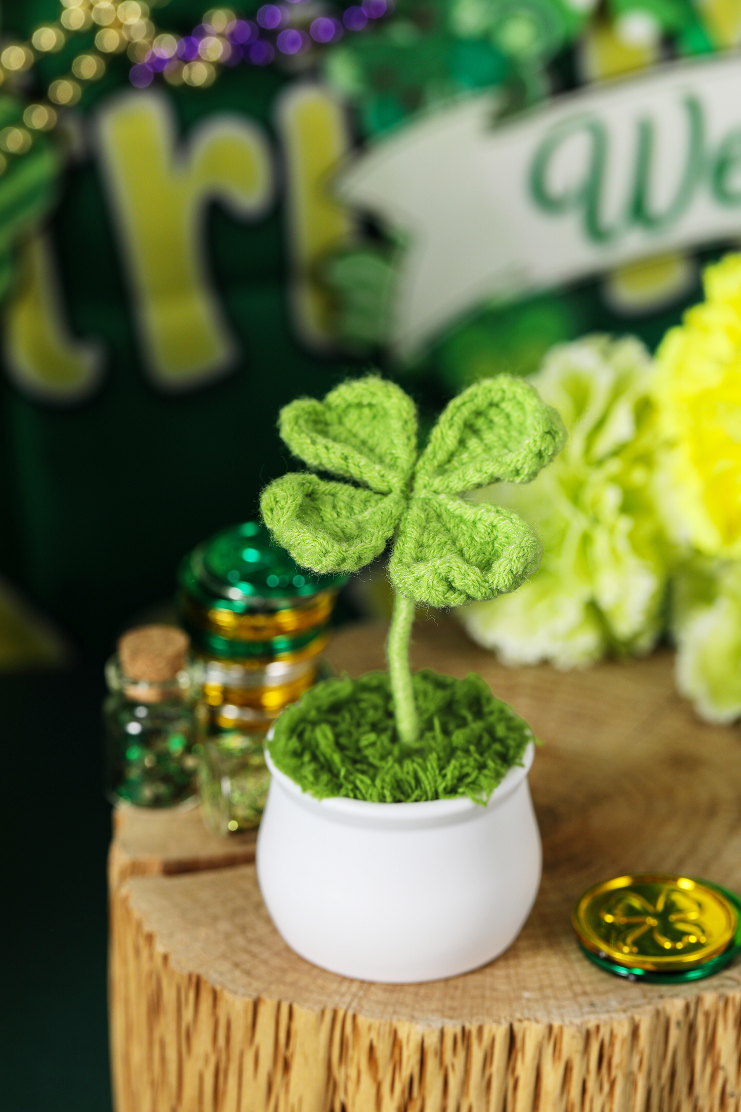 Light Green Handmade Crochet Four Leaf Clover Potted Plant Decoration - loveforevers