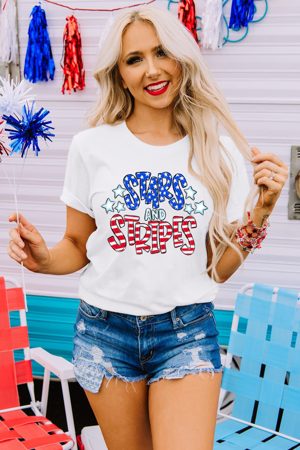 White Stars and Stripes Round Neck Graphic T Shirt - loveforevers