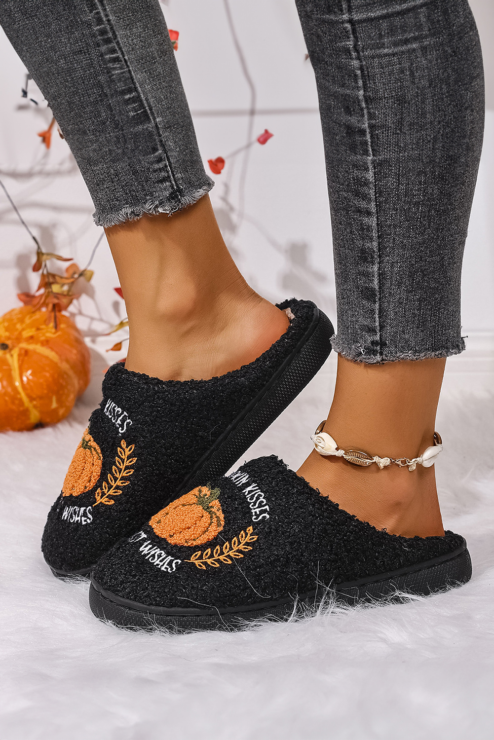 Black Pumpkin Harvest Pattern Cozy Fuzzy House Slippers - loveforevers