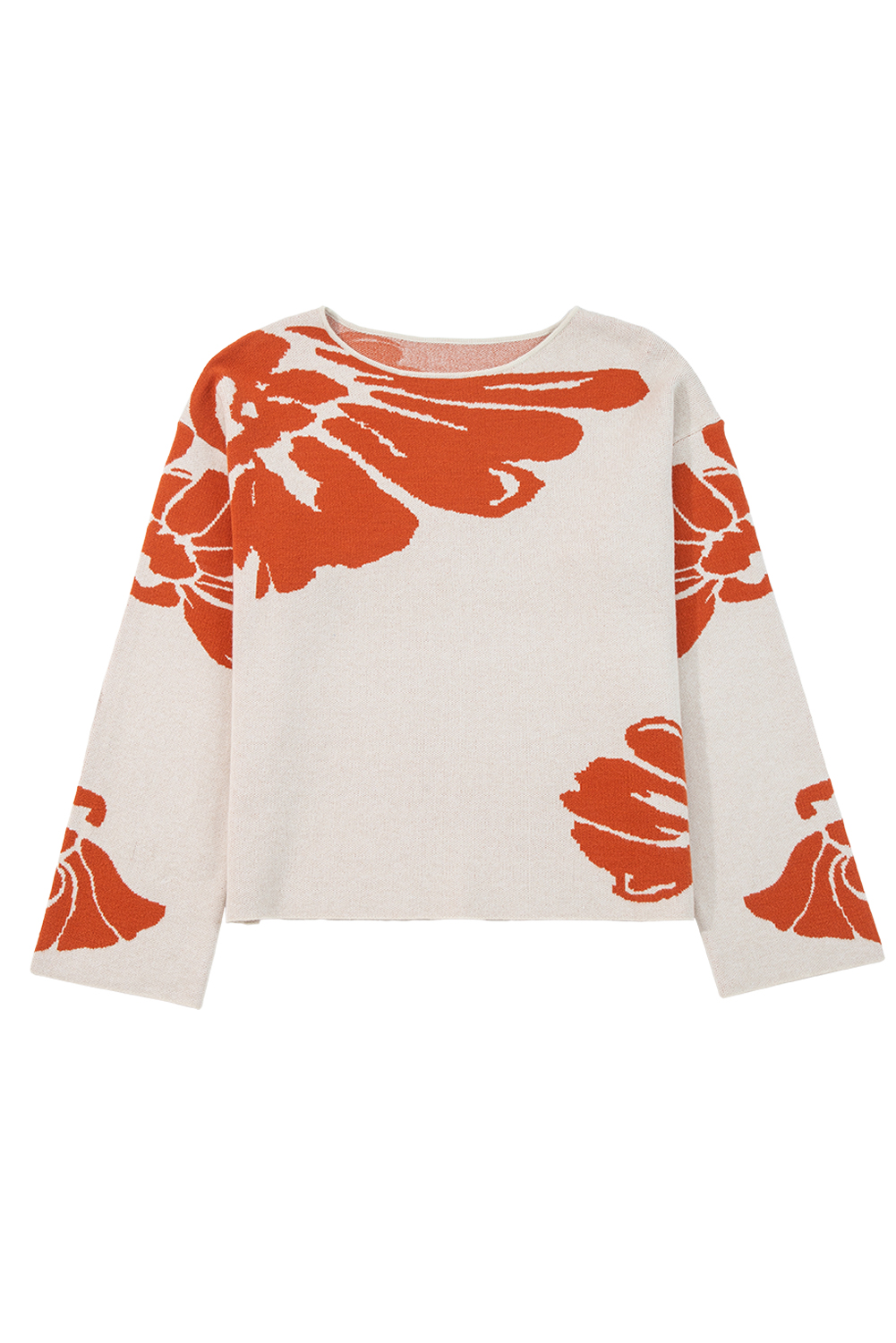 Beige Bold Flower Pattern Wide Sleeve Baggy Sweater - loveforevers