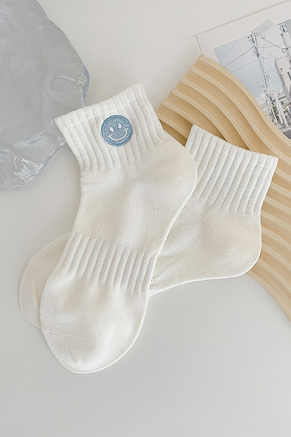 Light Blue Cute Smile Face Embroidered Cotton Socks - loveforevers