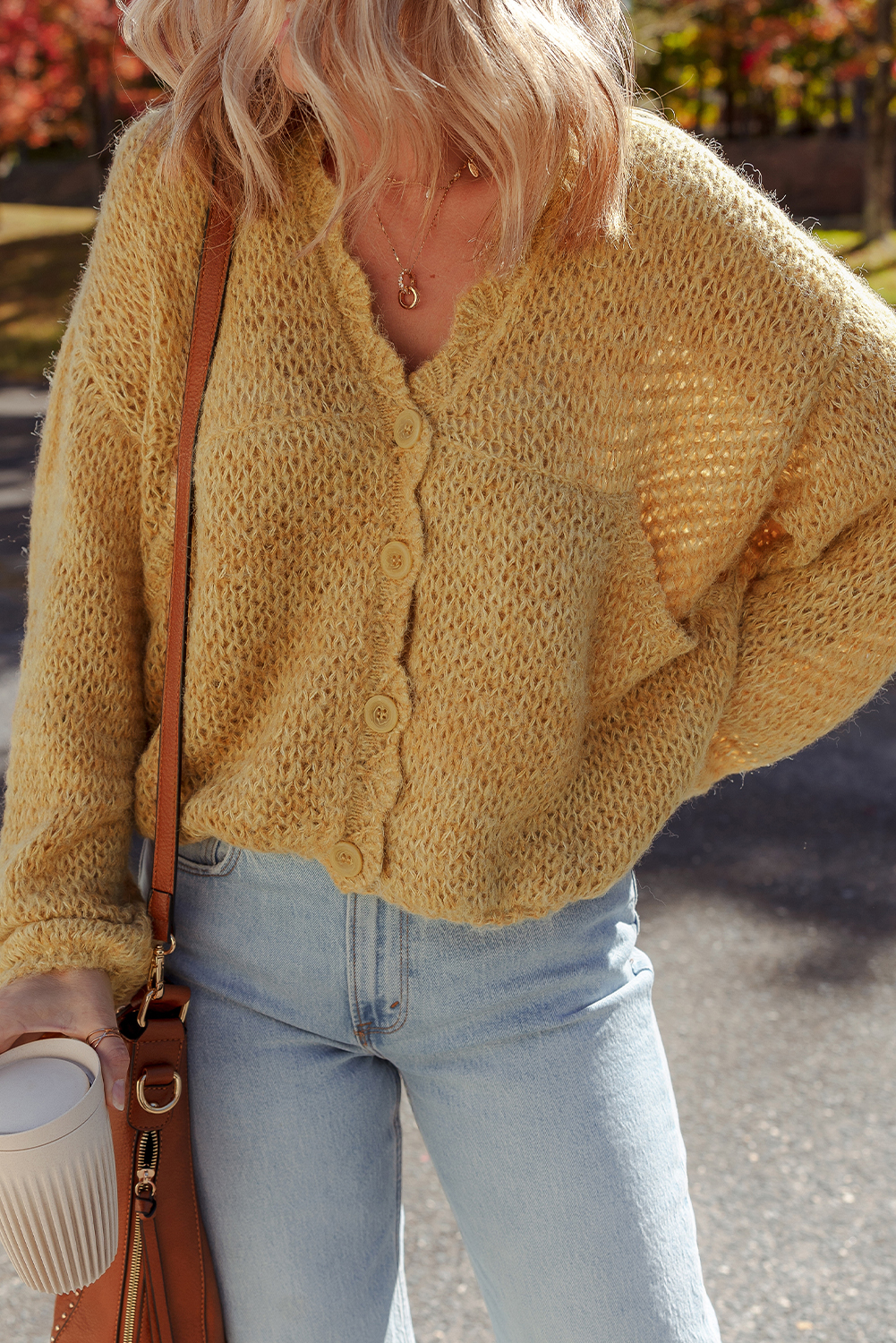 Light French Beige Lantern Sleeve Scallop V Neck Buttoned Front Cardigan - loveforevers