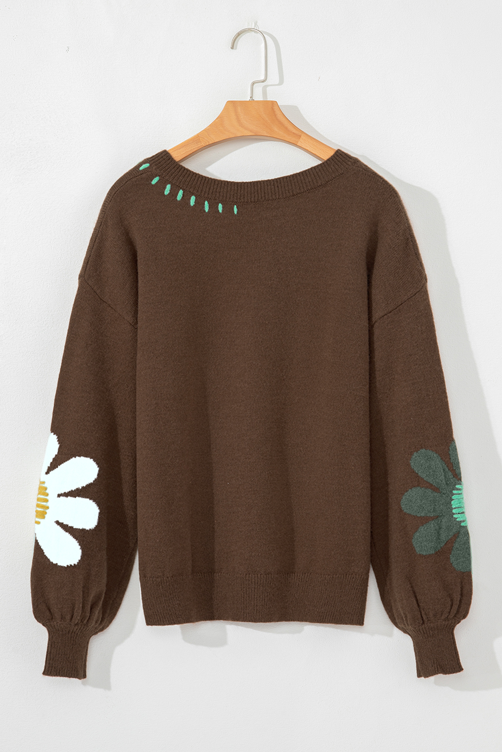 Coffee Big Flower Pattern V Neck Drop Shoulder Sweater - loveforevers
