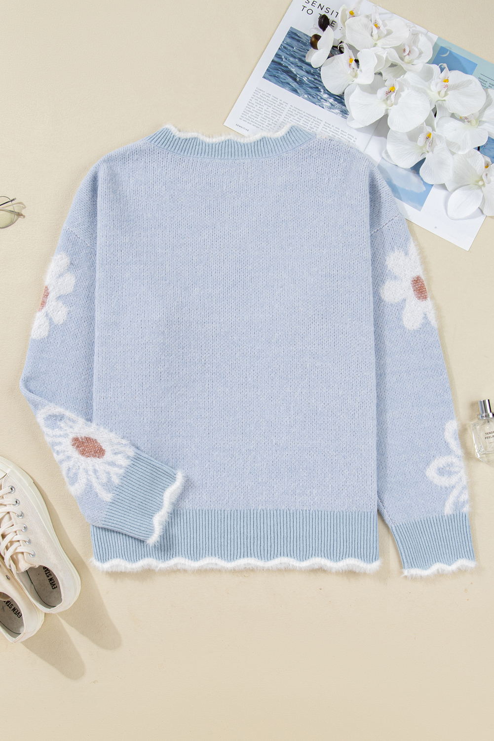 Gray Fuzzy Flower Scalloped V Neck Plus Sweater - loveforevers