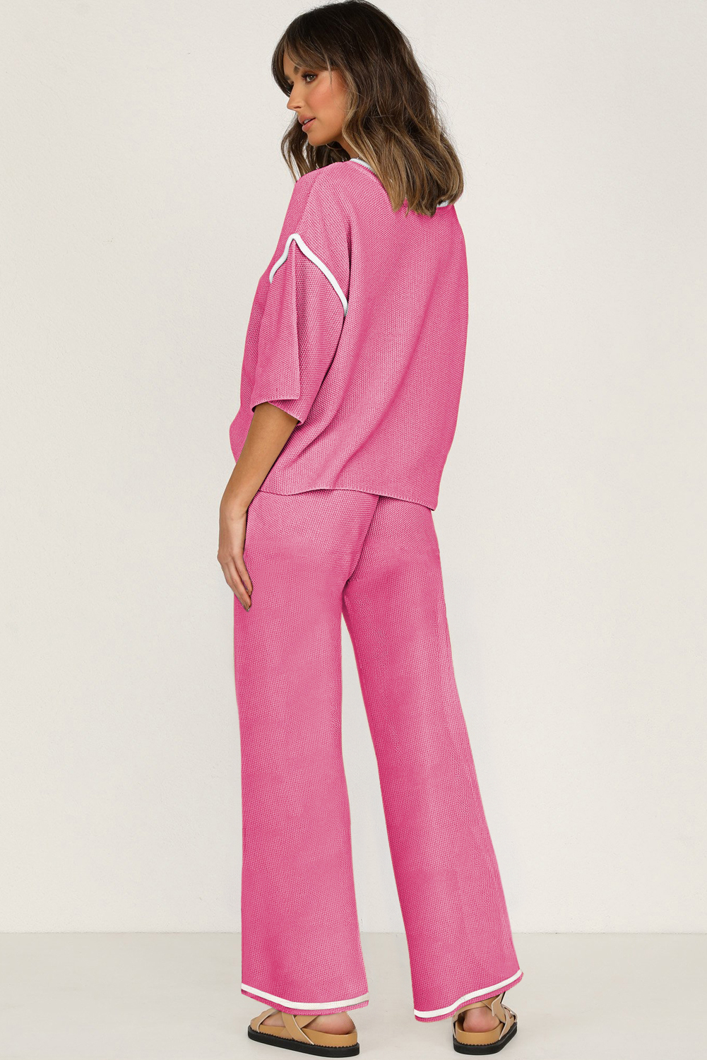 Blackish Green Contrast Trim Half Sleeve Top Drawstring Pants Loose 2pcs Sweater Suit - loveforevers