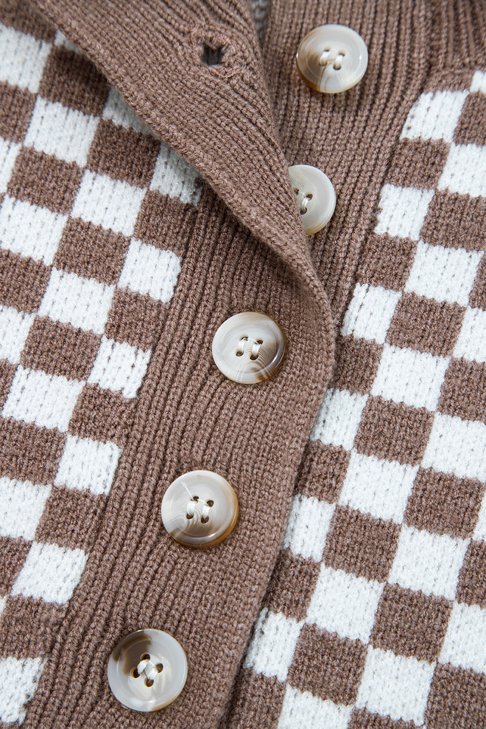 Dark Brown Half Button Ribbed Trim Checkerboard Knit Sweater - loveforevers