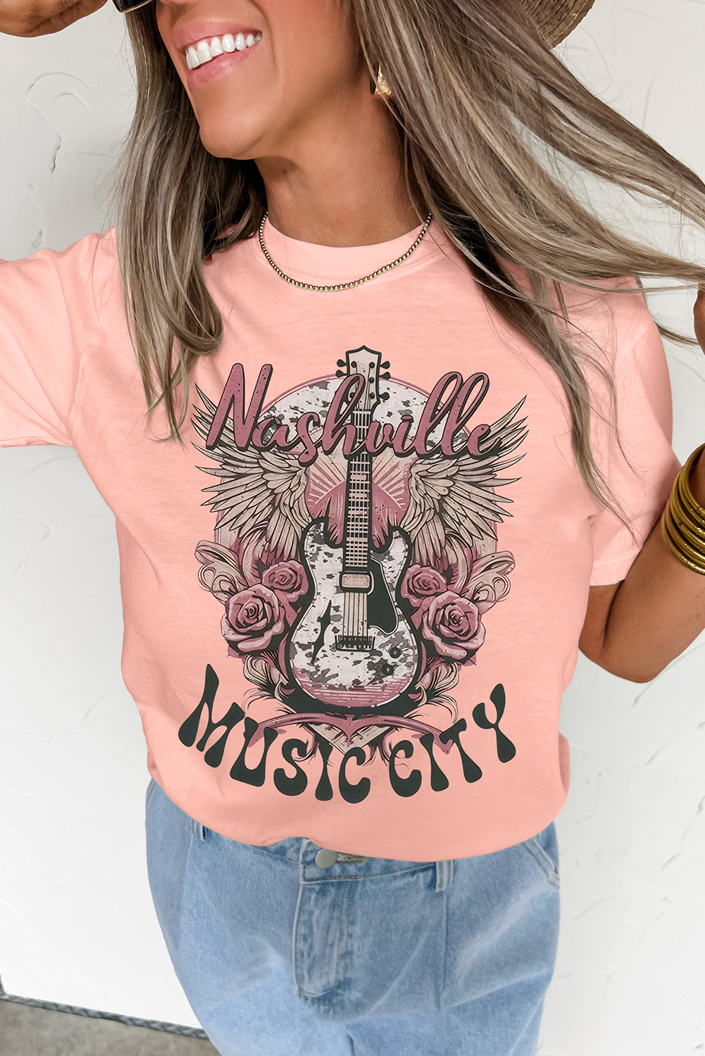 Pink Nashville MUSIC CITY Guitar Graphic Crewneck Tee - loveforevers