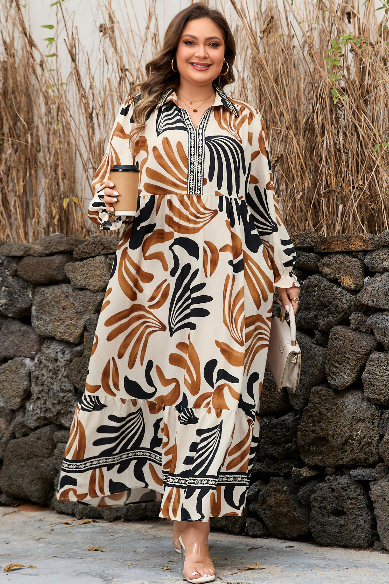 Brown Tropical Printed Contrast Trim Neck Long Sleeve Ruffle Hem Dress - loveforevers