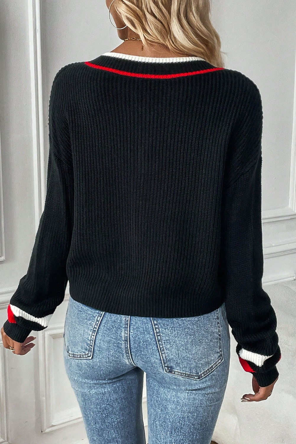 Black Contrast Striped Trim V Neck Drop Shoulder Sweater - loveforevers